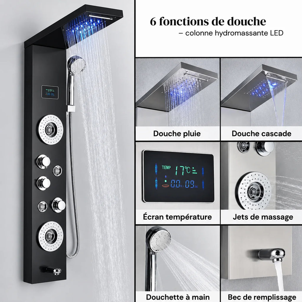 Colonne de douche hydromassante noir a affichage digital